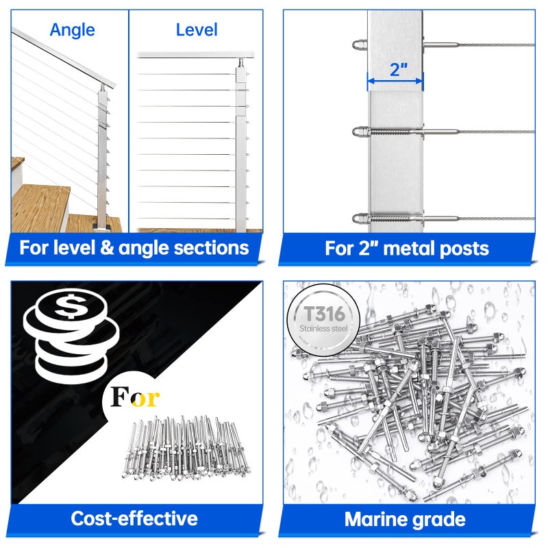 Muzata 50 Pack 1/8" Cable Railing Hardware Kit Hand Swage Threaded Stud Tensioner for 2x2 Metal Post T316 Stainless Steel Deck Cable Railing System CR23 - Image 3